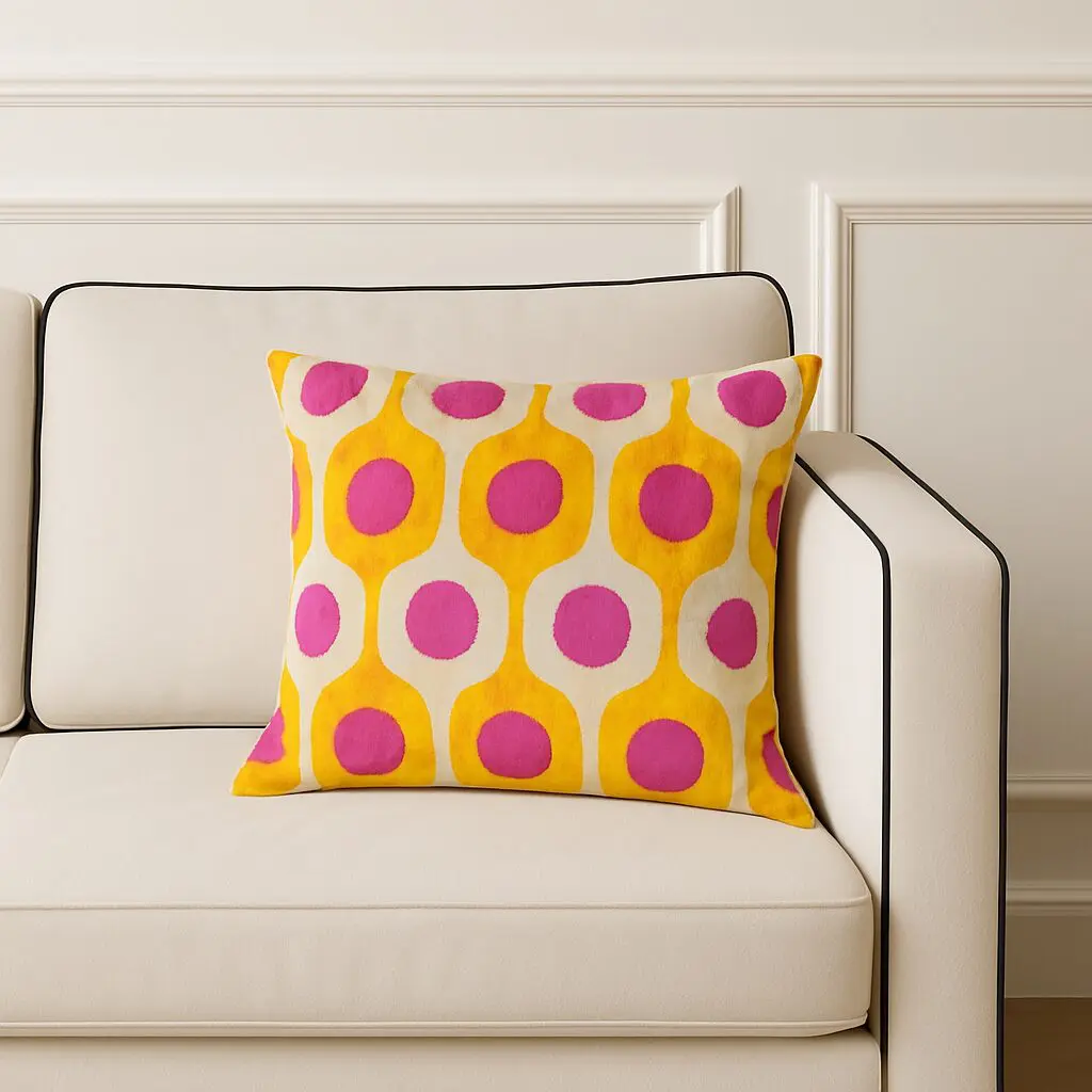 Cojín terciopelo rosa y amarillo estampado lunares