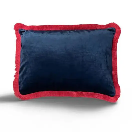 Cojin terciopelo azul flecos rosas