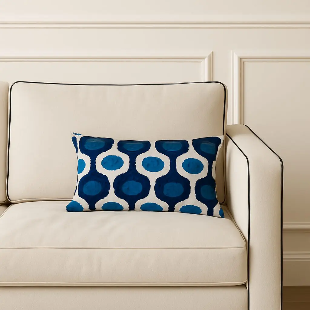 Cojin Terciopelo Lunares azul y beige