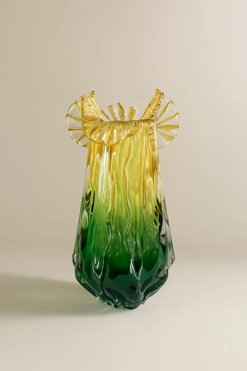 Jarrón cristal verde y amarillo flor