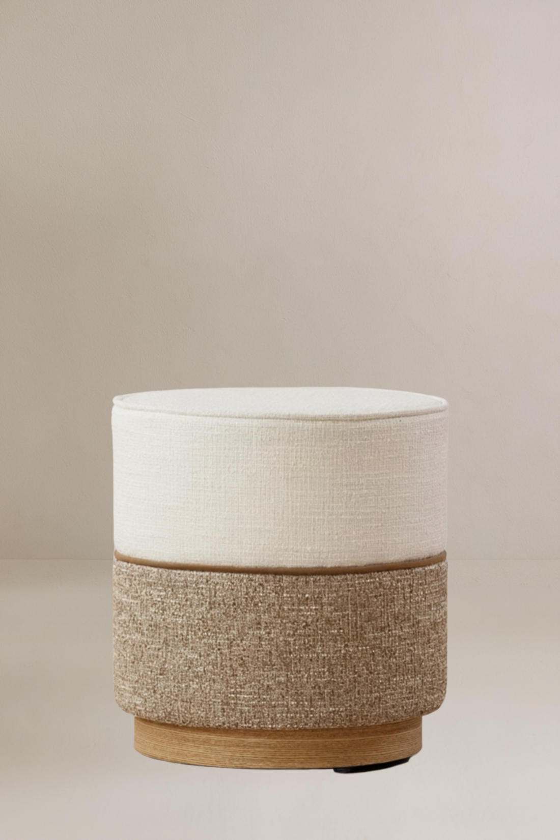 Pouf beige y blanco base madera