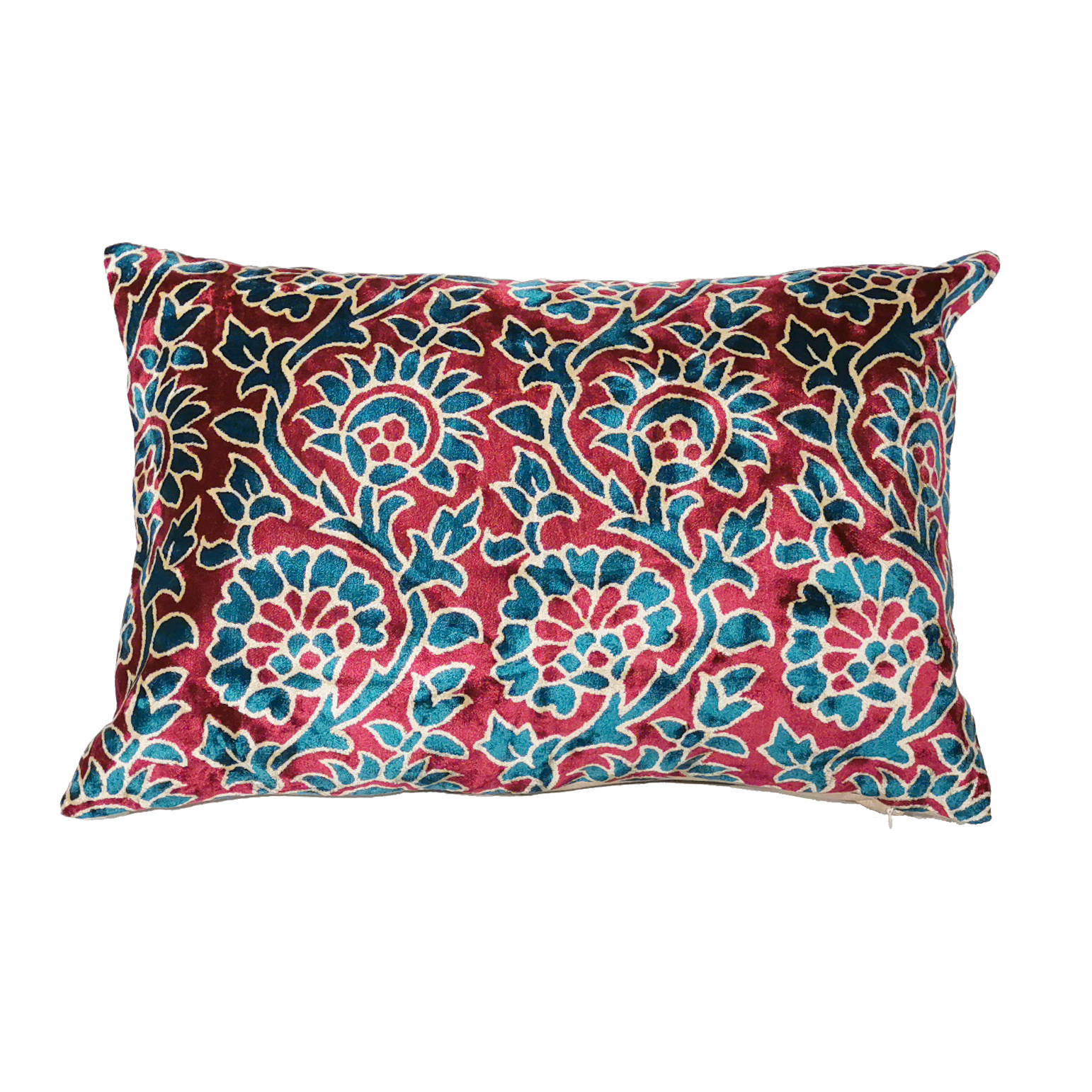 Cojín rectangular floral azul beige y berenjena